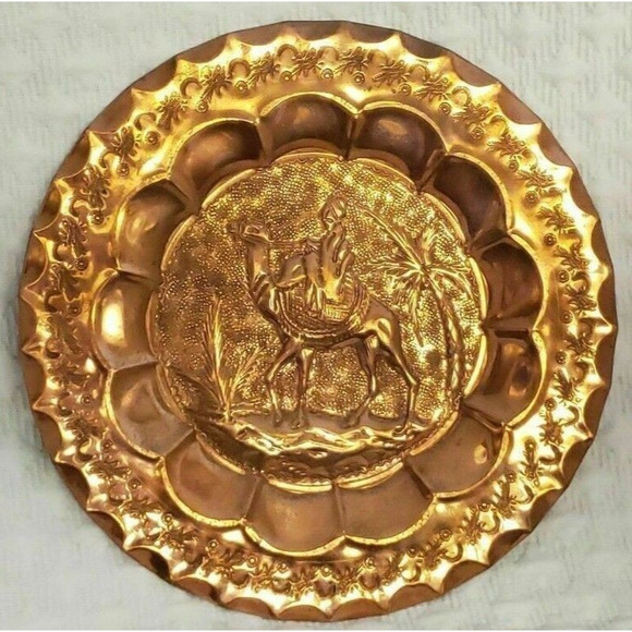 Antique Handmade Ornate Copper Wall Decor Plate Palm Tree, Camel, Bedouin - Picture 7 of 7